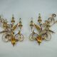 Pair of large floral wall lamps in gilded and lacquered metal. Italy 1960s