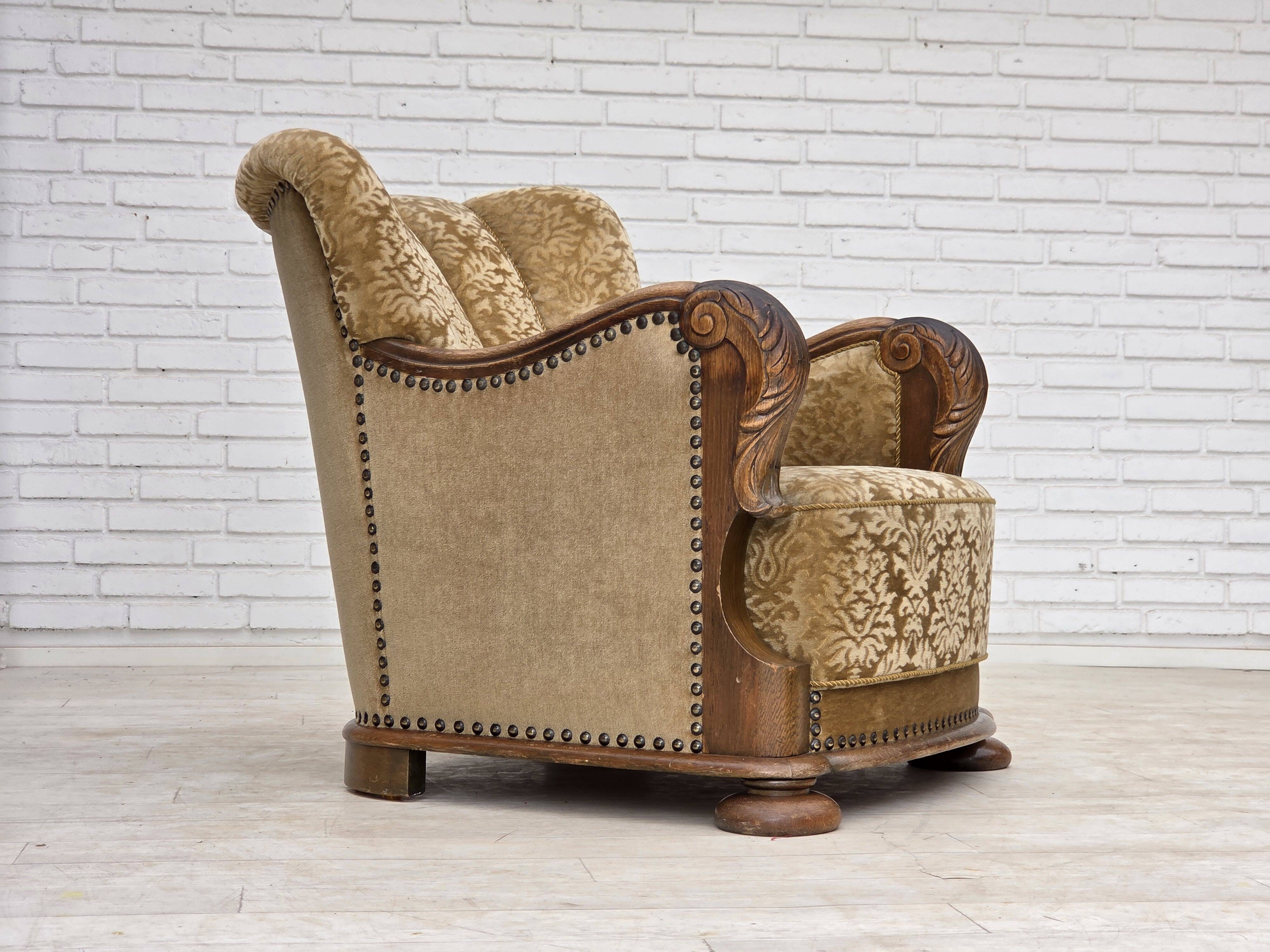 1950s, Danish relax armchair, furniture velour, carved oak wood.