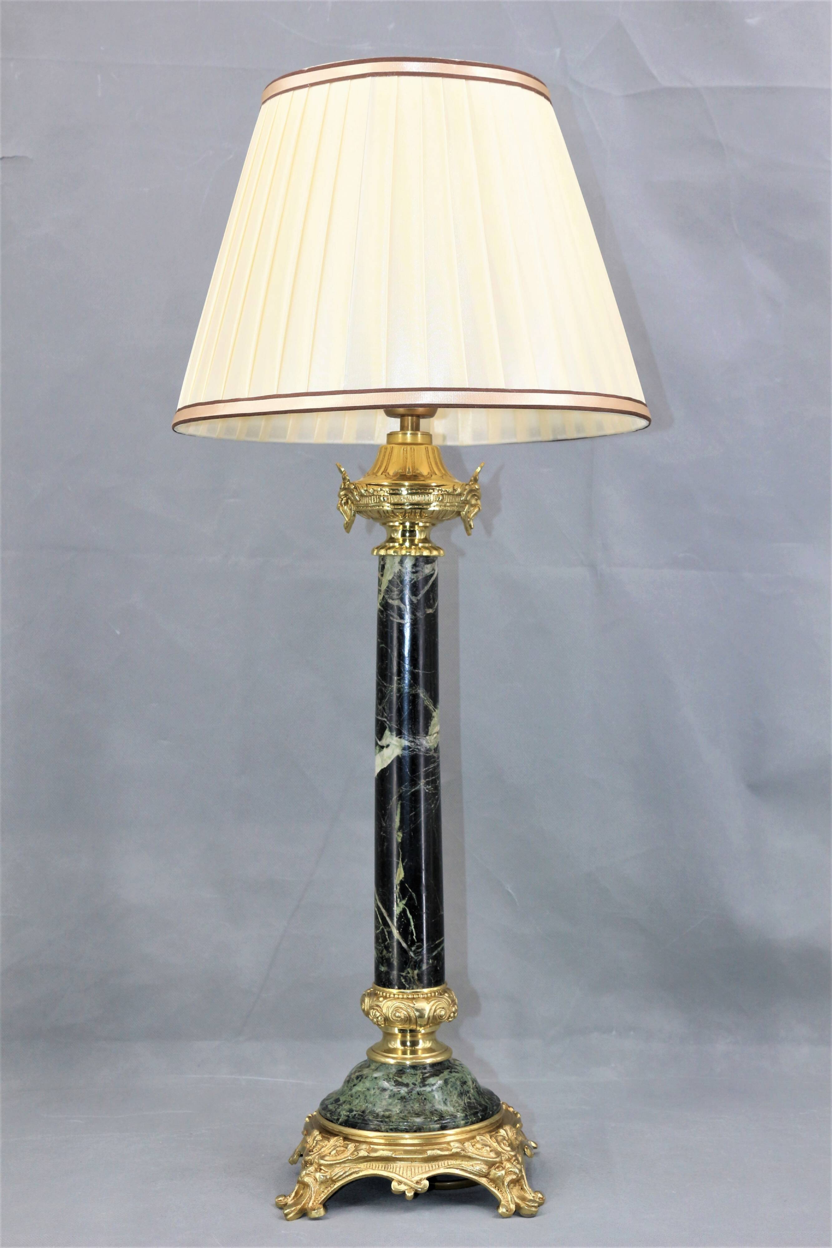 Lamp in gilded bronze & veined water green marble & pleated lampshade