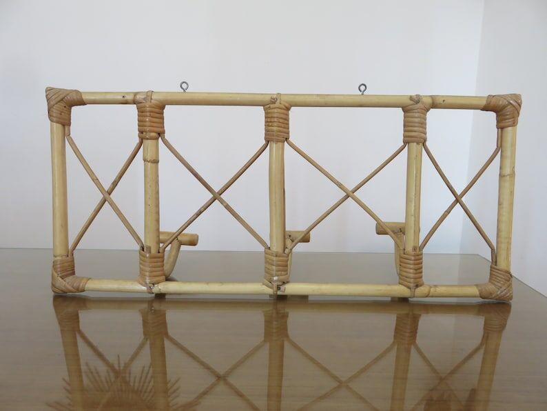 Bamboo rattan coat rack, 3 hooks 70s
