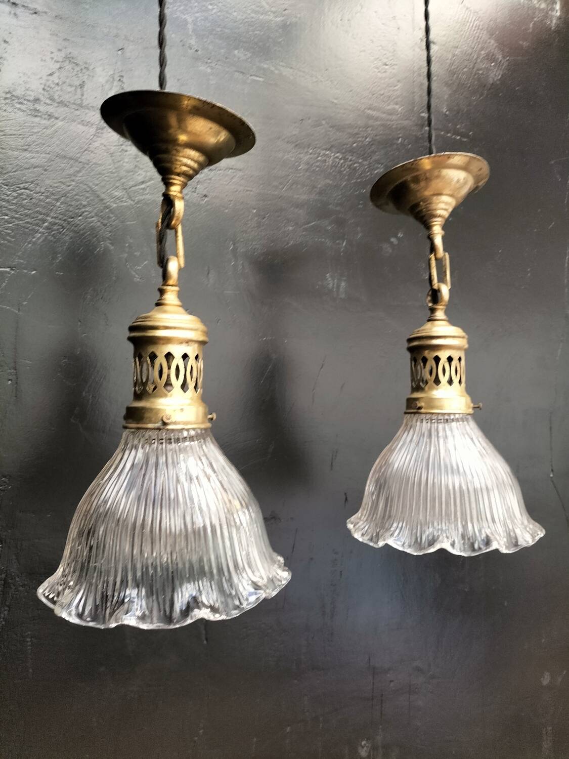 Pair of holophane glass pendants