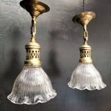 Pair of holophane glass pendants