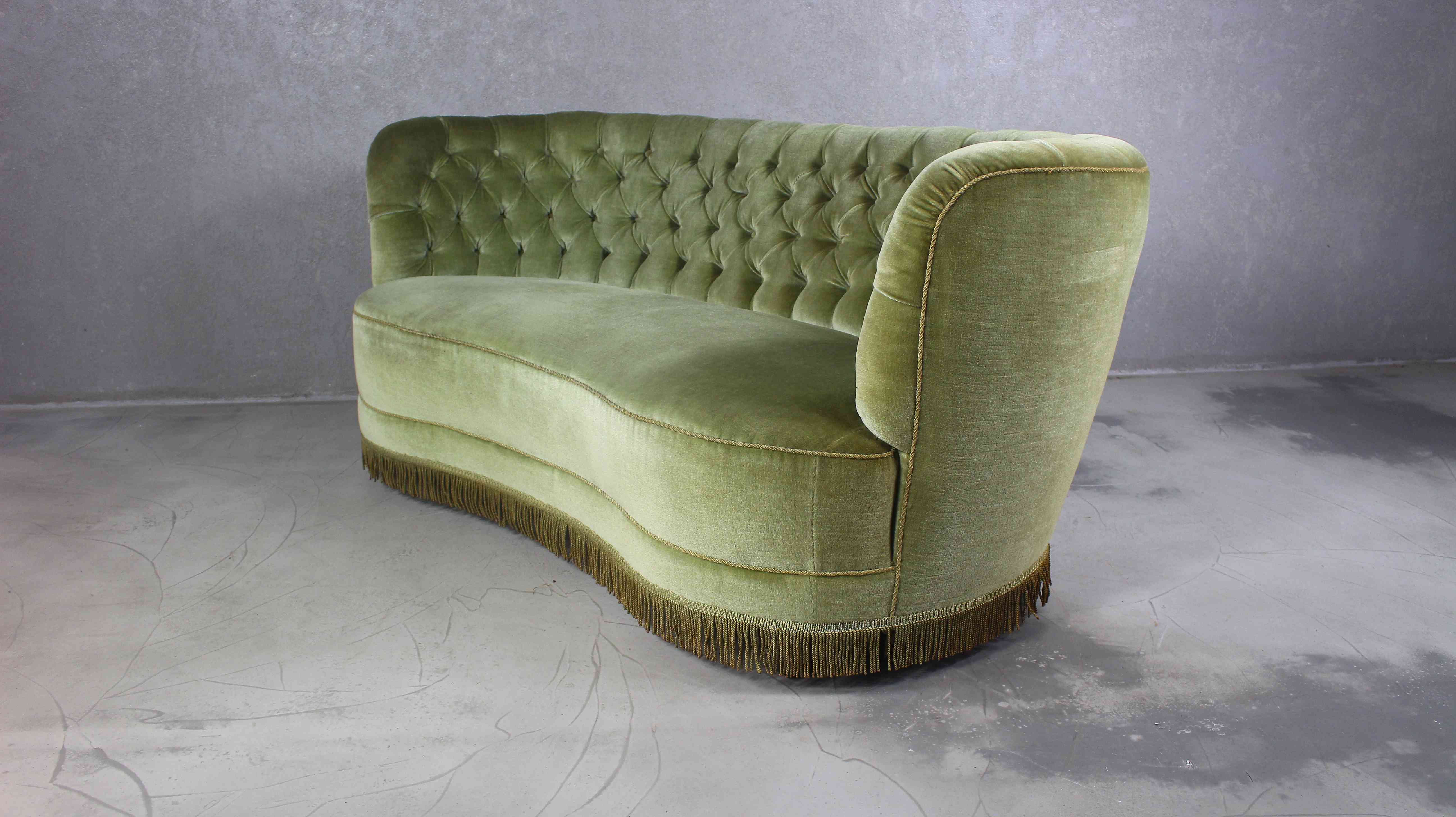 1940s Danish Curved Green Buttoned Sofa