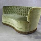 1940s Danish Curved Green Buttoned Sofa