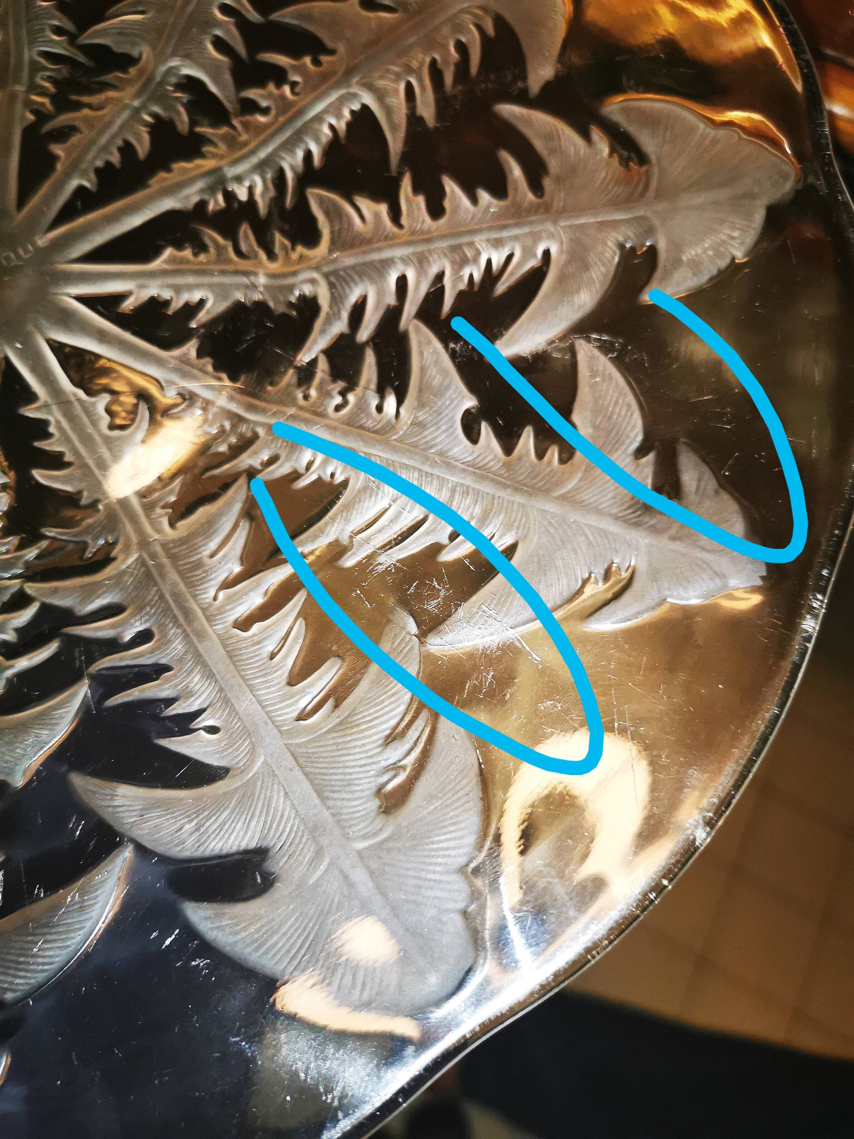 Dish by René Lalique, model "Dandelions", in patinated glass