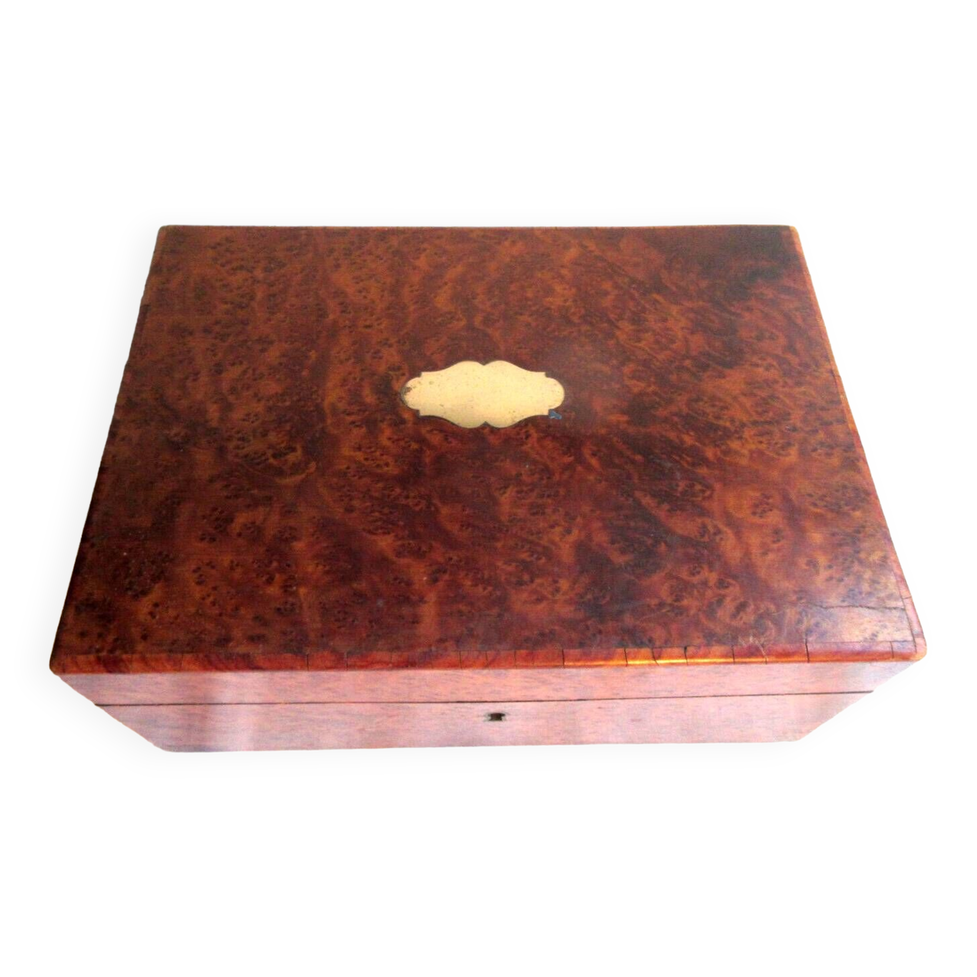 19th century Napoleon III box, blue silk padded jewelry box in elm burl