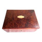 19th century Napoleon III box, blue silk padded jewelry box in elm burl