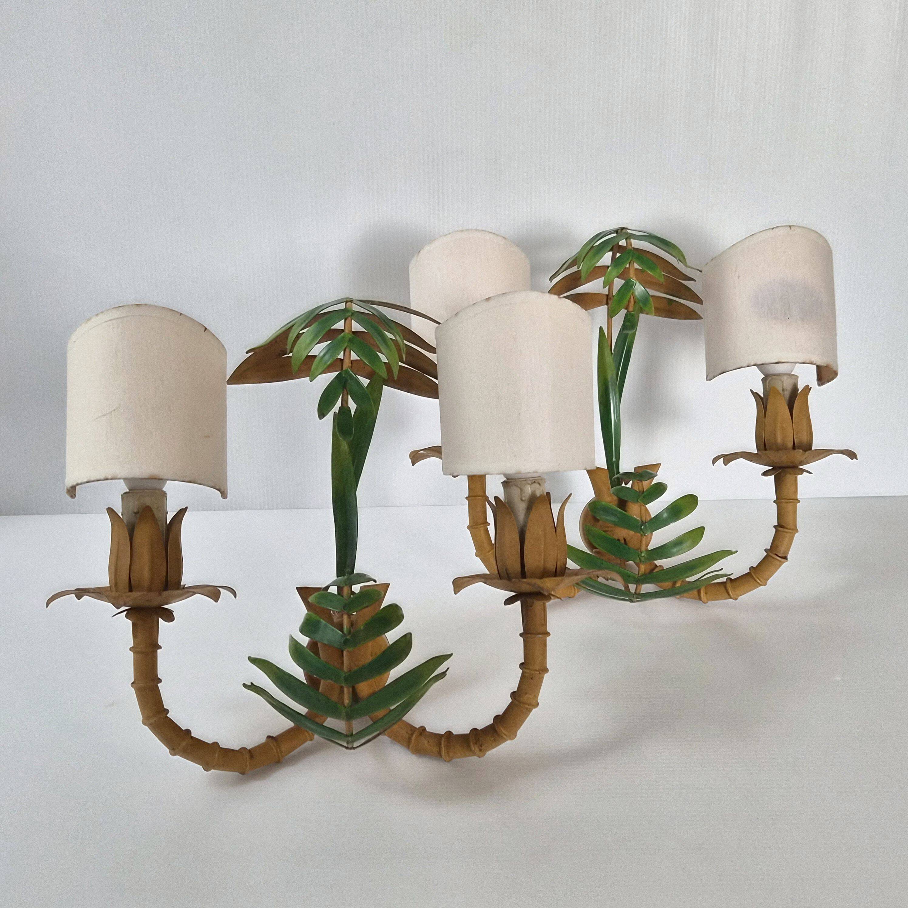 Pair of bamboo imitation wall lights, vintage 1970s.