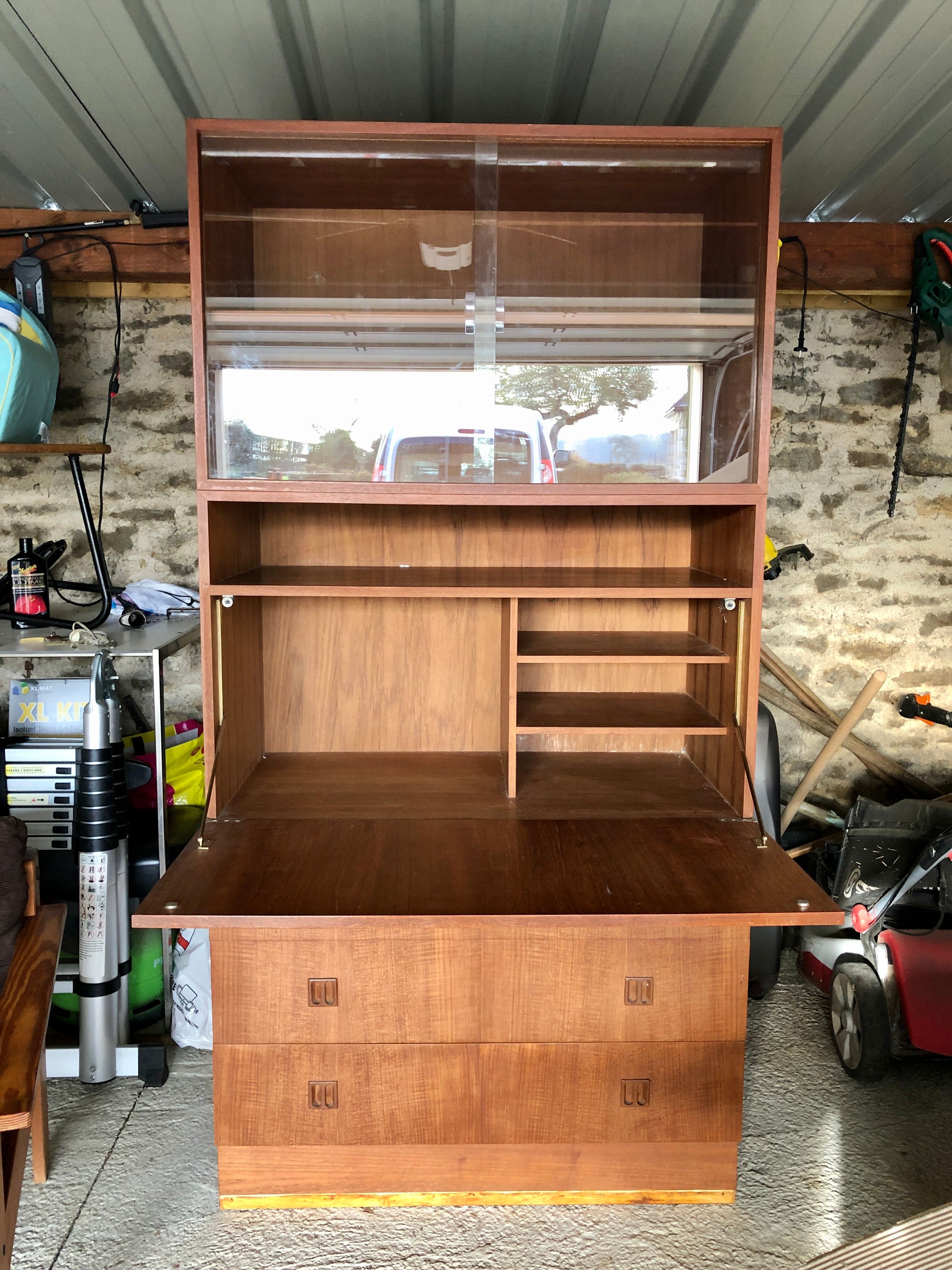Meuble secrétaire scandinave vintage bureau avec vitrine et commode en teck caisson