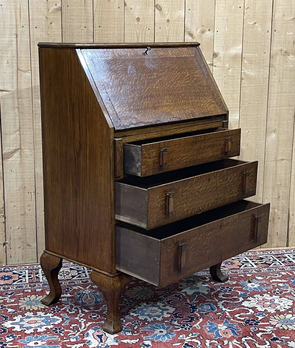 English donkey desk in oak and leather top, 1950s