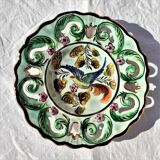 Openwork ceramic dish decorated bird and flowers style monaco bordered gold