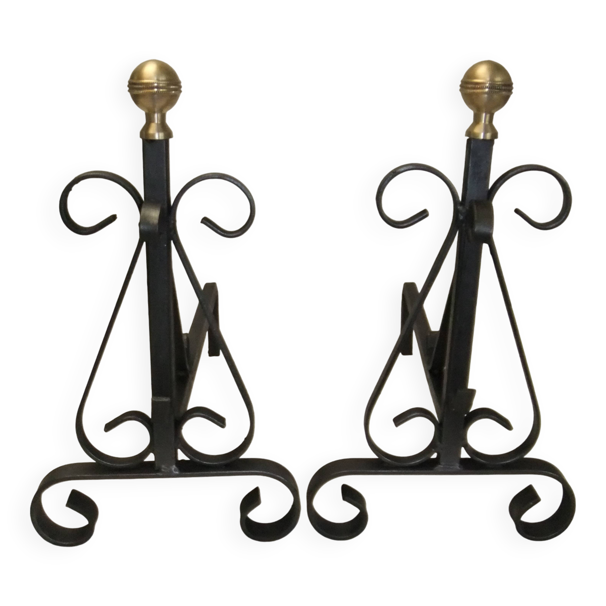 Antique pair of cast iron andirons wrought iron and bronze fireplace accessory