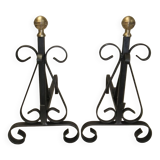 Ancienne paire de chenet fonte fer forgé et bronze cheminée accessoire