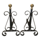 Antique pair of cast iron andirons wrought iron and bronze fireplace accessory