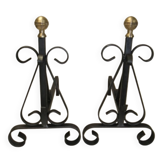 Antique pair of cast iron andirons wrought iron and bronze fireplace accessory