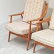 Pair of Boomerang-style armchairs in ecru beige fabric, 1960s.