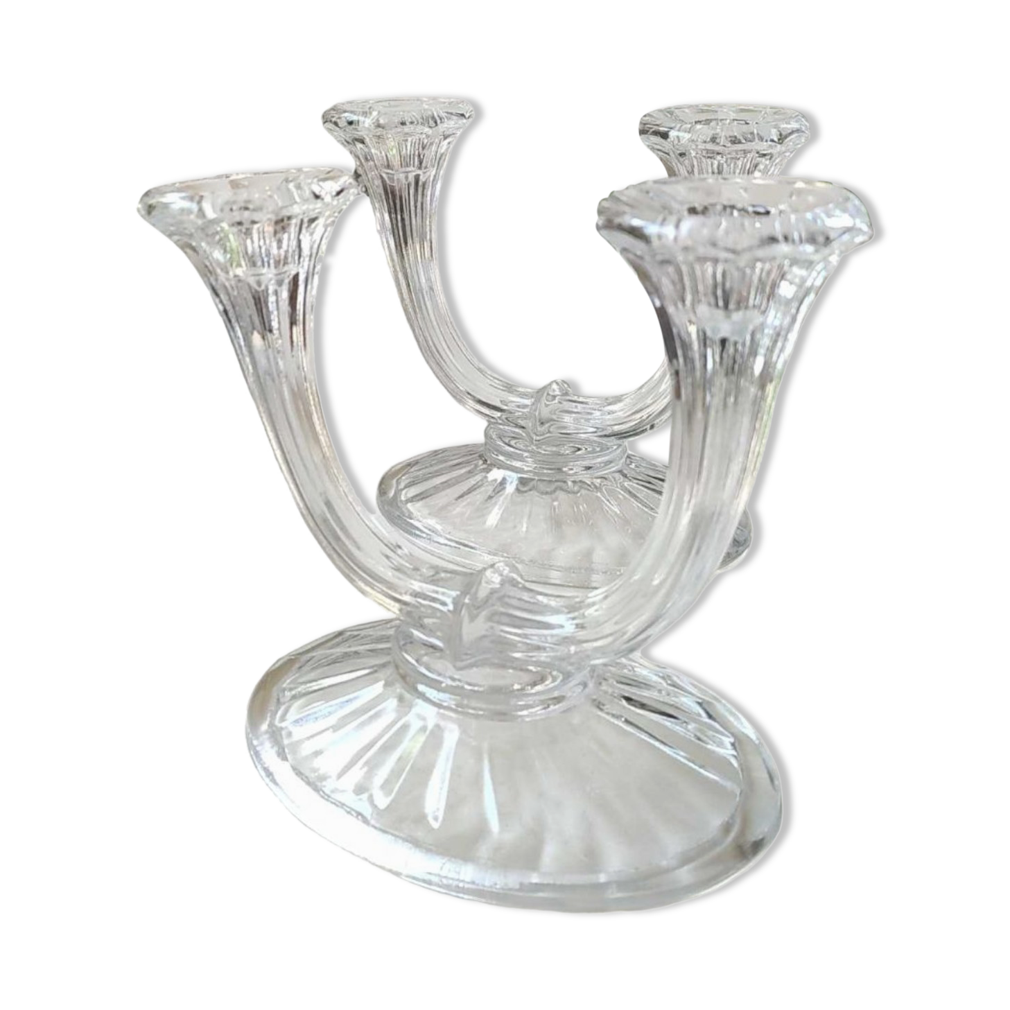 Pair of art deco candlesticks with 2 flames, molded crystal