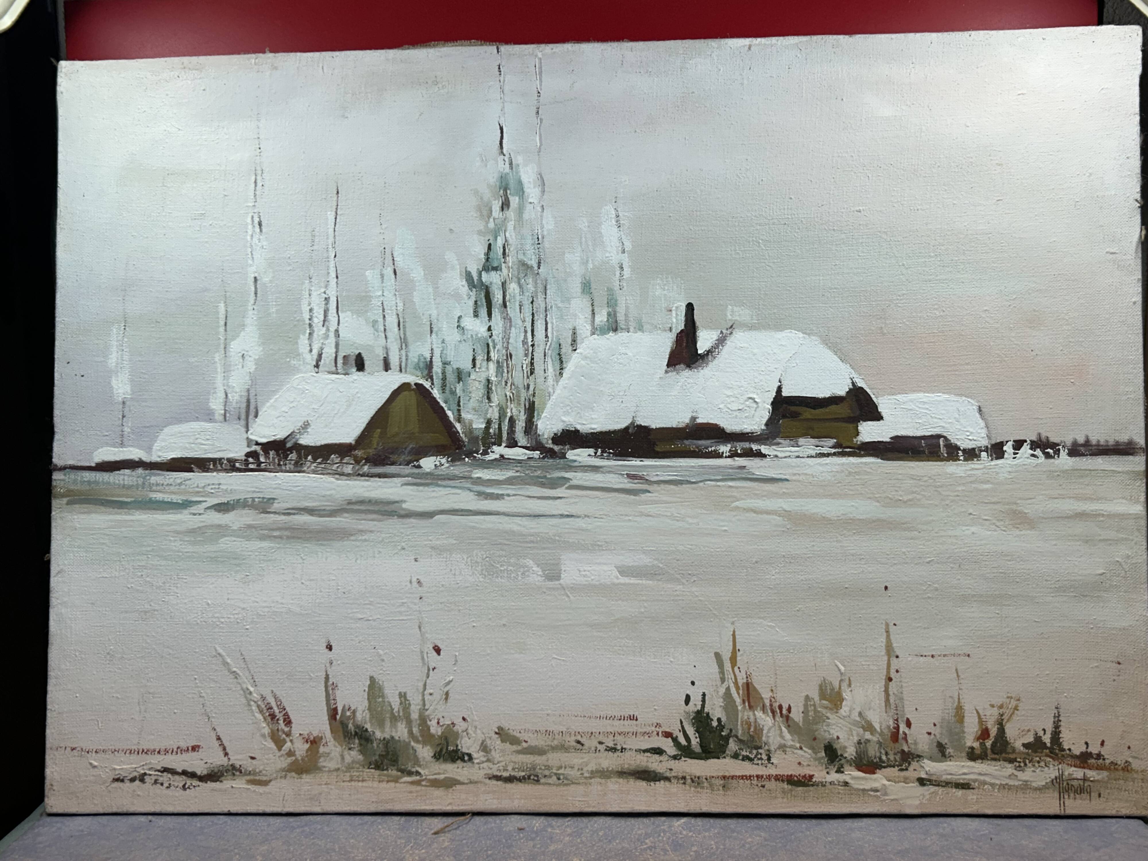 Oil on canvas "Brière under the snow" signature to be identified
