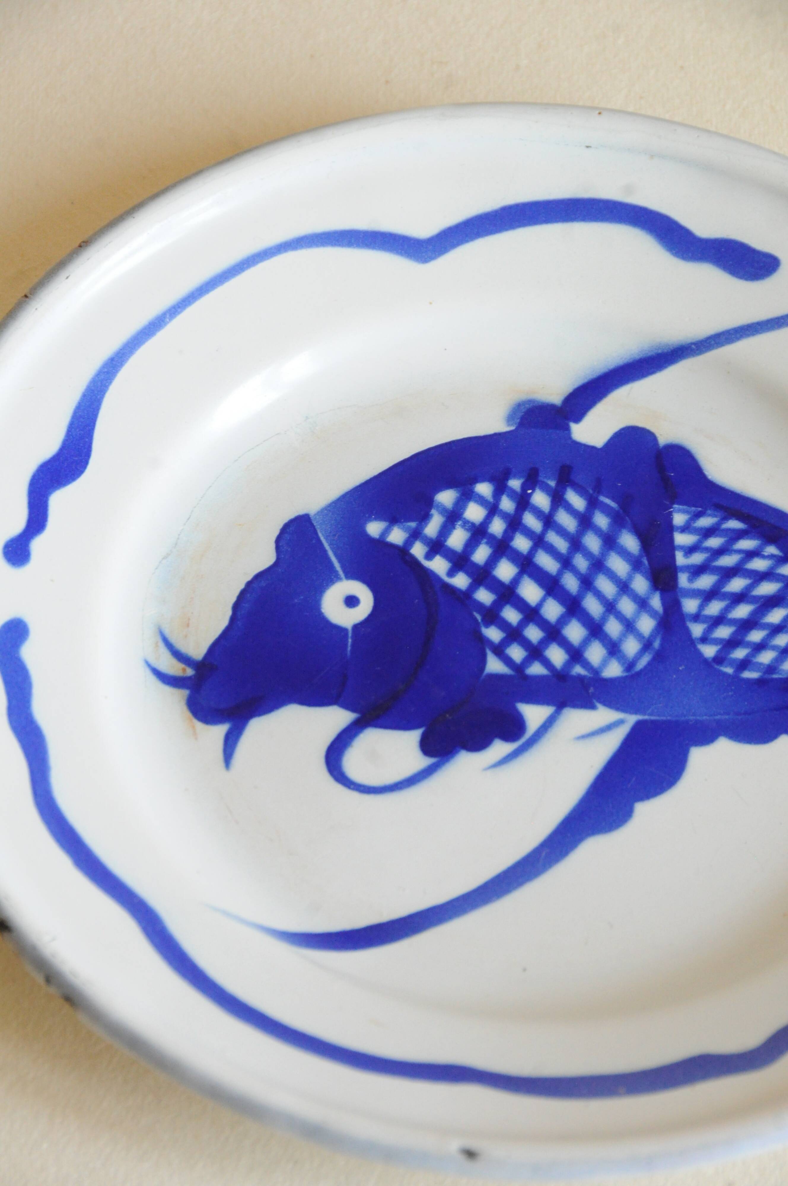 Vintage Chinese Enamelled Metal Plate with Blue Koi Carp Fish Decoration