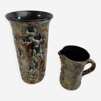 Fat lava ceramic vase and pitcher