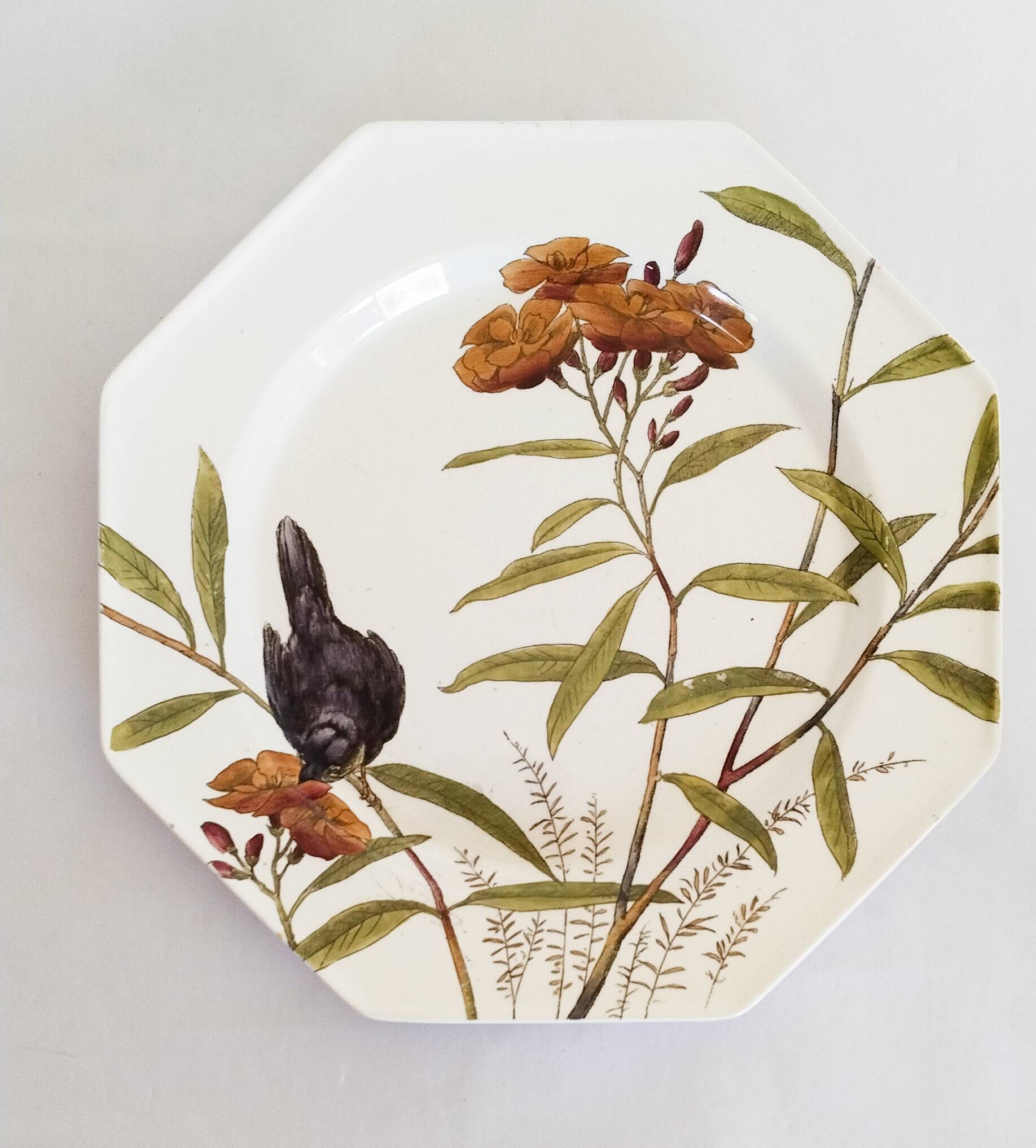 Antique 10" octagonal plate foliage bird Mintons ESSEX BIRDS 1880