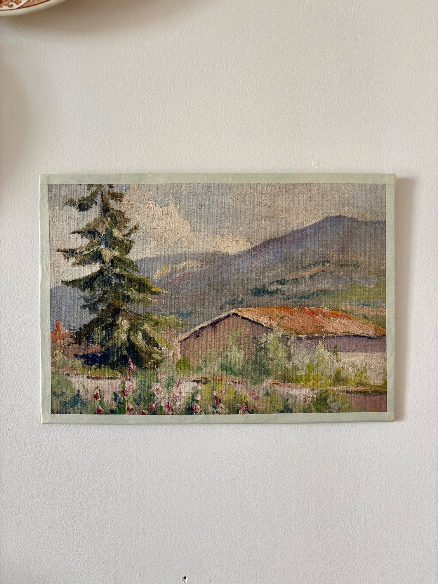 Oil painting on canvas "Mountain, fir tree and house" no. 51