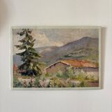 Oil painting on canvas "Mountain, fir tree and house" no. 51