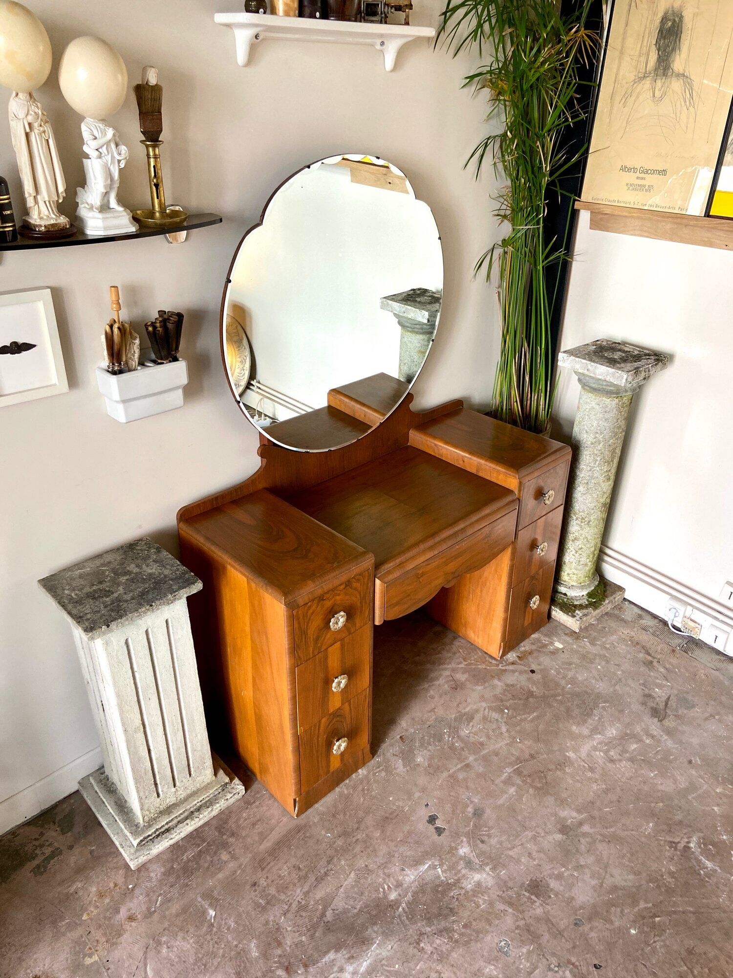 7-drawer wooden dressing table with beveled mirror 1950s