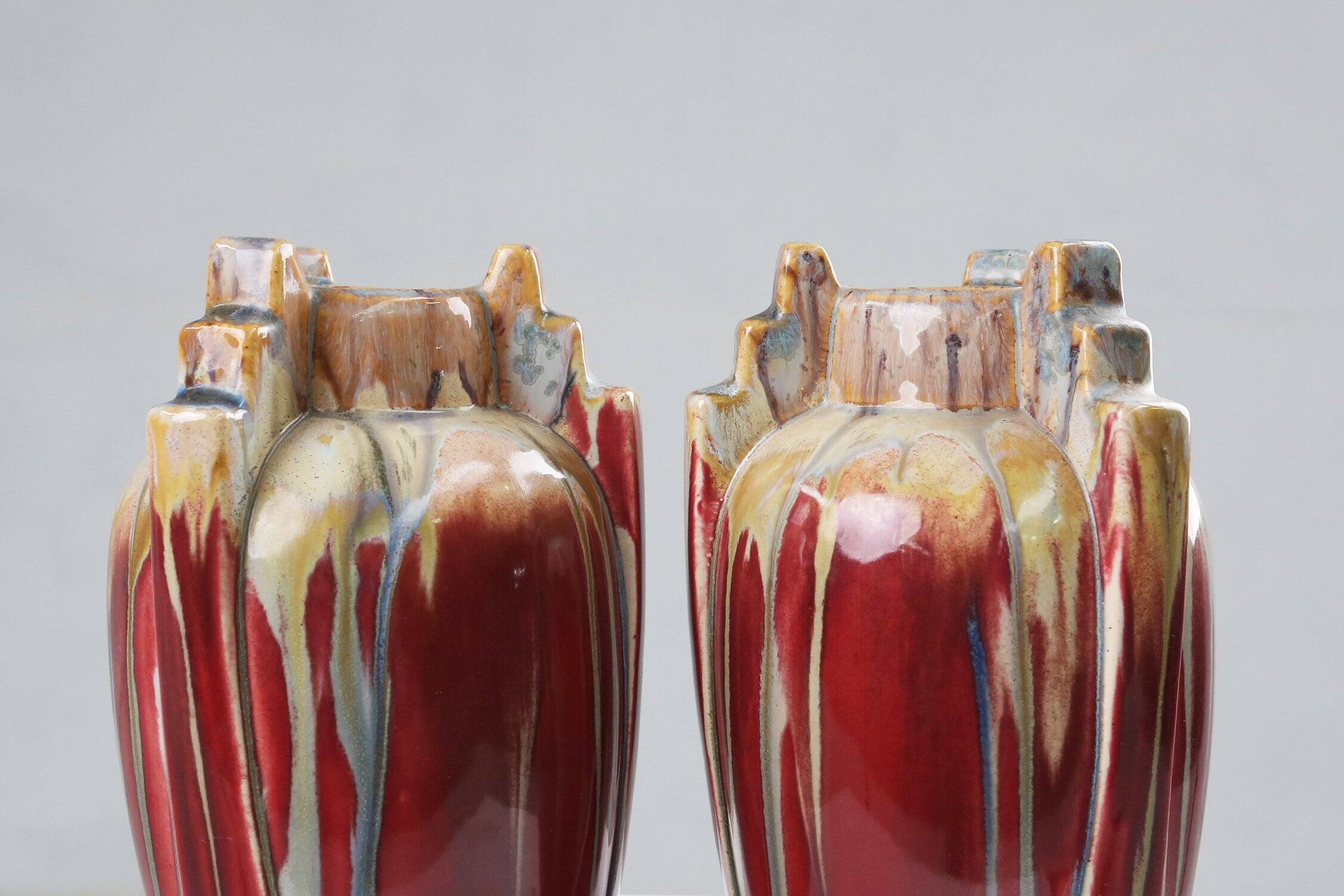Pair of Sculptural Art Deco Glazed Ceramic Vases, Belgium 1930s