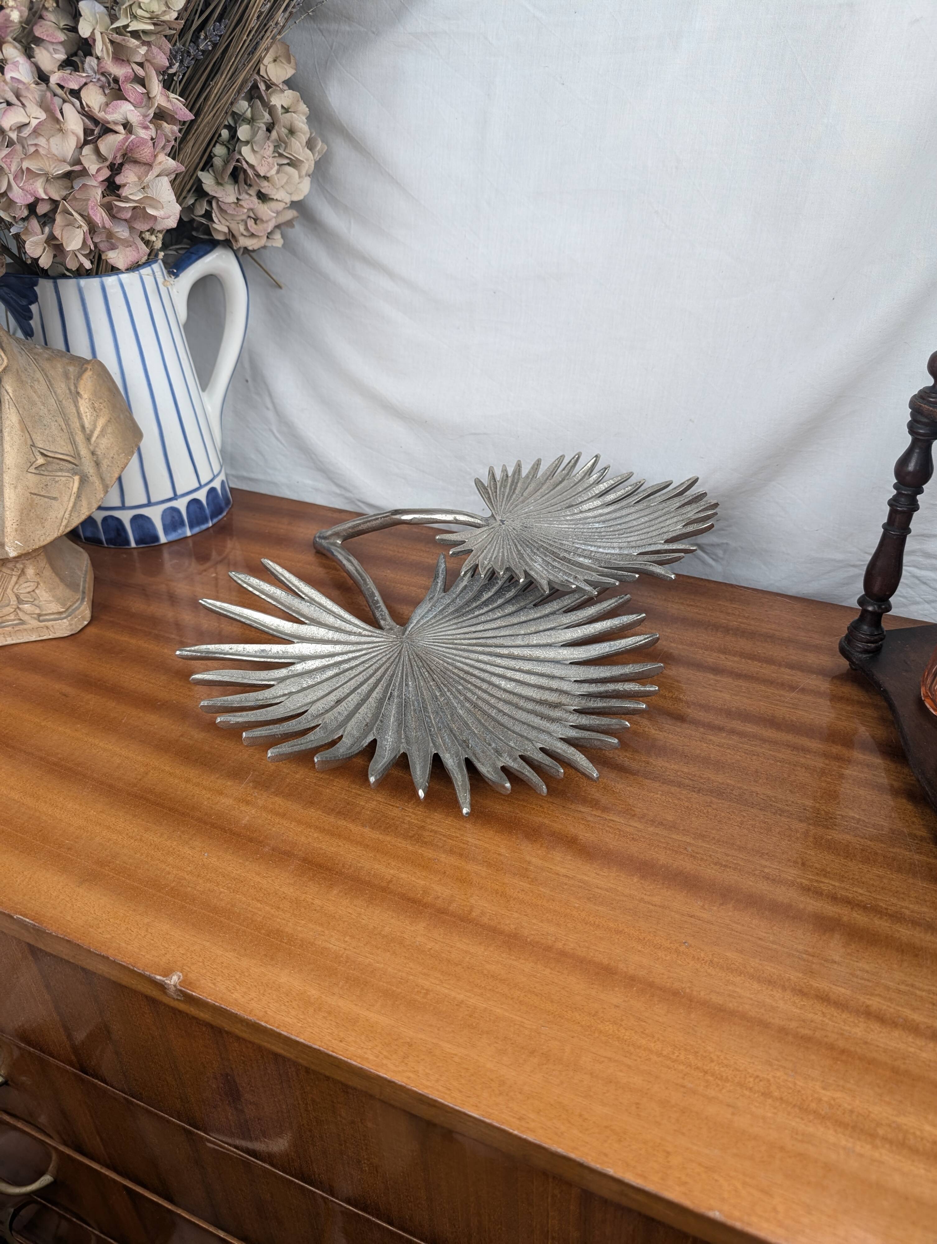 Vintage Two Tier Silver Metal Palm Leaf Fruit Basket