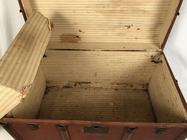 Old travel trunk cardboard, fabric and leather