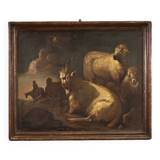 Beautiful 17th century painting, bucolic landscape with goats