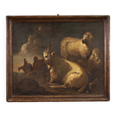 Belle peinture du XVIIe siècle, paysage bucolique avec des chèvres