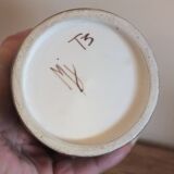 60s enamelled cone vase with fish decor, Vallauris signed Mj