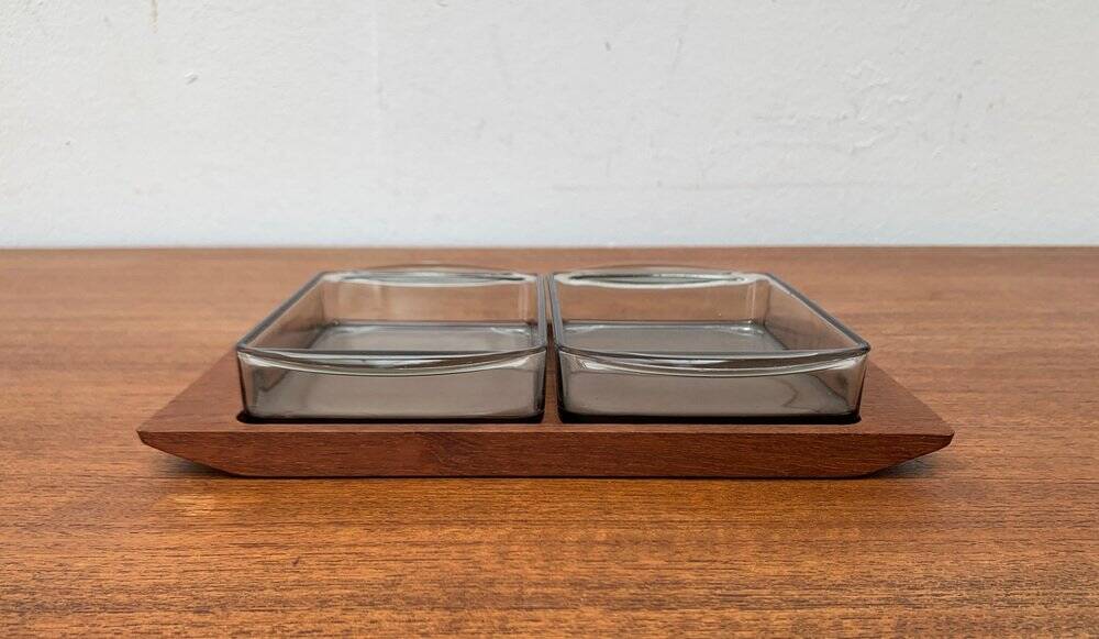 Danish teak plateau from the mid-century by Artiform with glass Cabaret trays from Holmegaard, 1960s, set of 3.