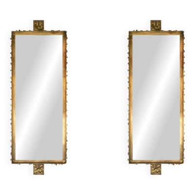 Paire de miroirs contemporains en laiton doré et patiné