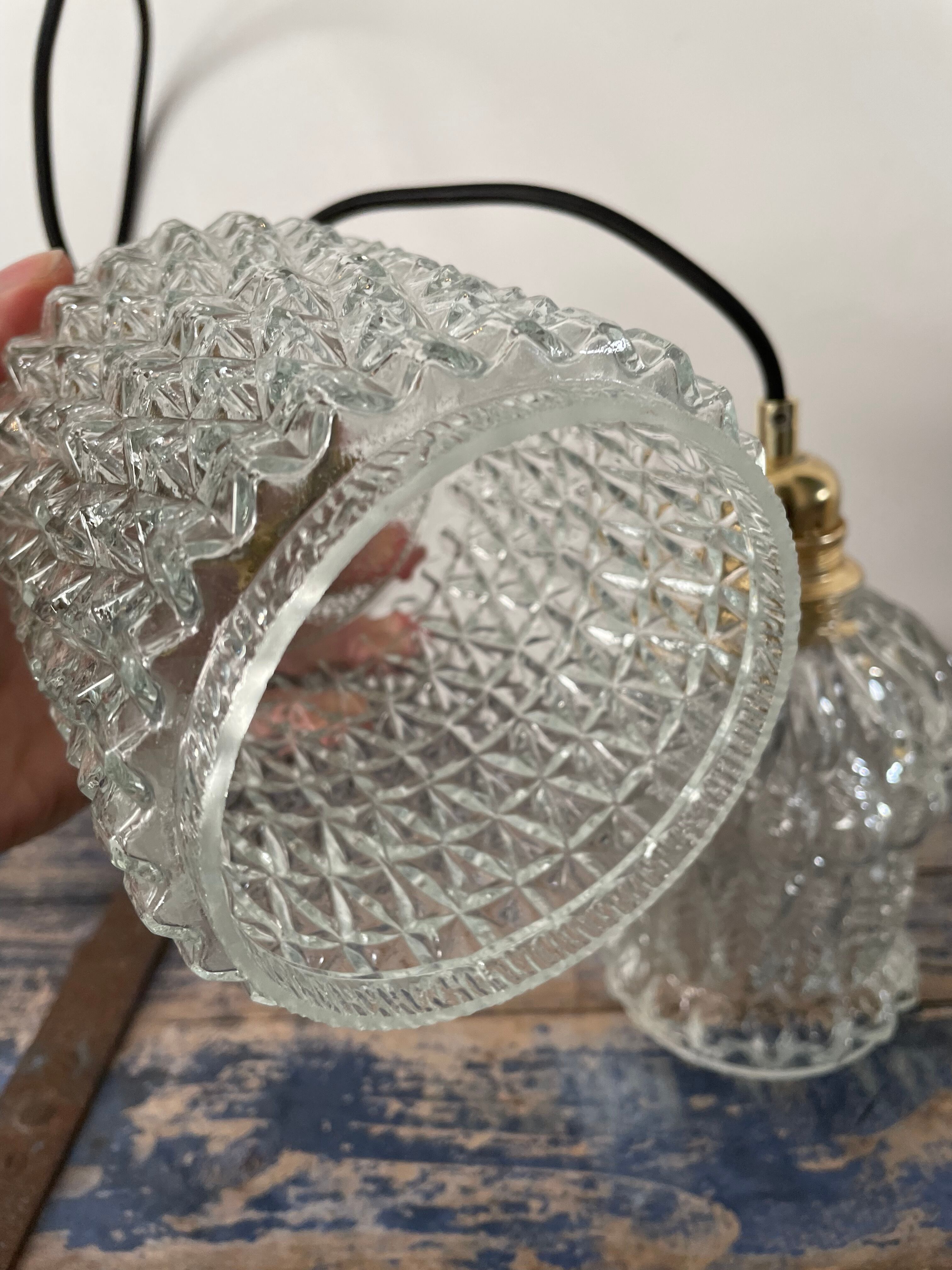 Set of three vintage electrified glass pendant lamps