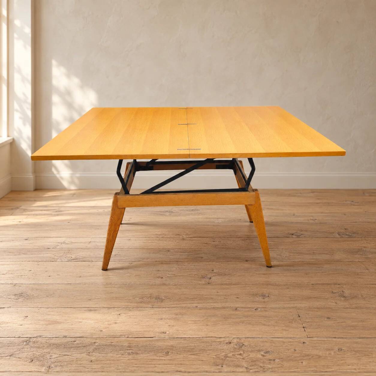 Table basse transformable scandinave en bois clair, années 60