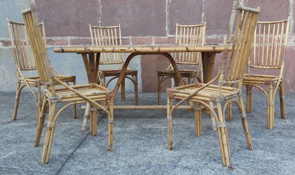 Table et 6 chaises en bambou et rotin
