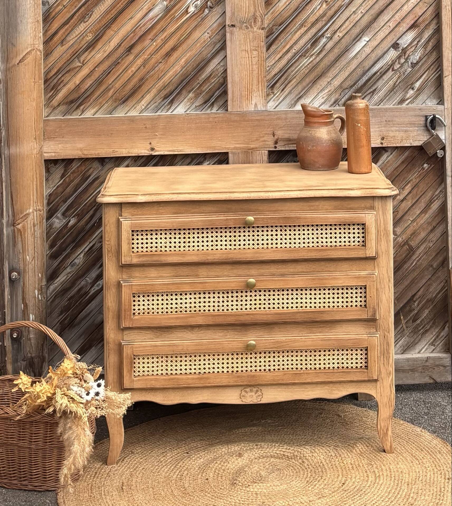 Antique oak commode with cane work - 3 drawers