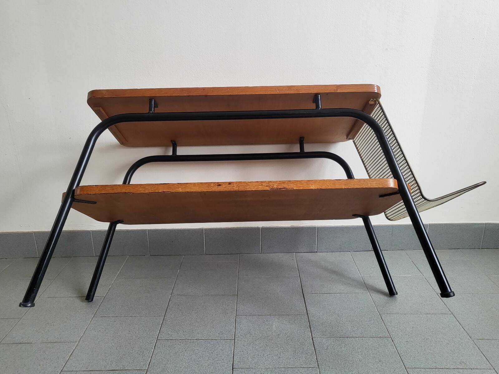 Vintage 1950 coffee table magazine rack in steel & beech 50s rockabilly zazou