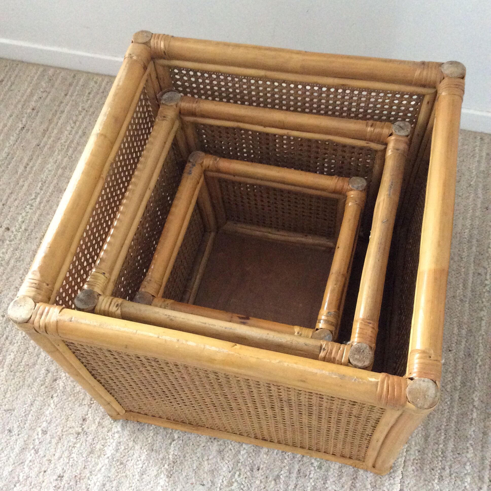 Trio of vintage tables in canning and rattan