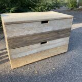 Commode en pin patiné crème, bleu foncé, 2 tiroirs