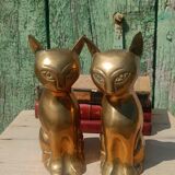Gold-plated brass bookend cat