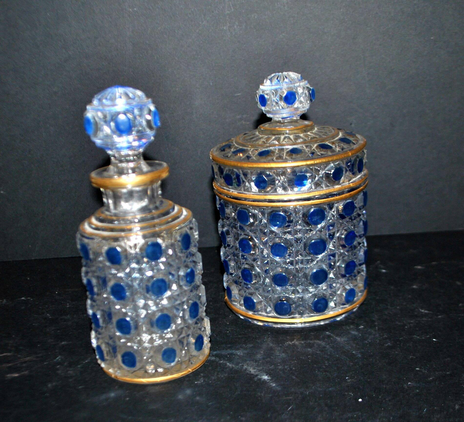 Baccarat bottle and box, antique diamond gemstones in moulded crystal, signed.