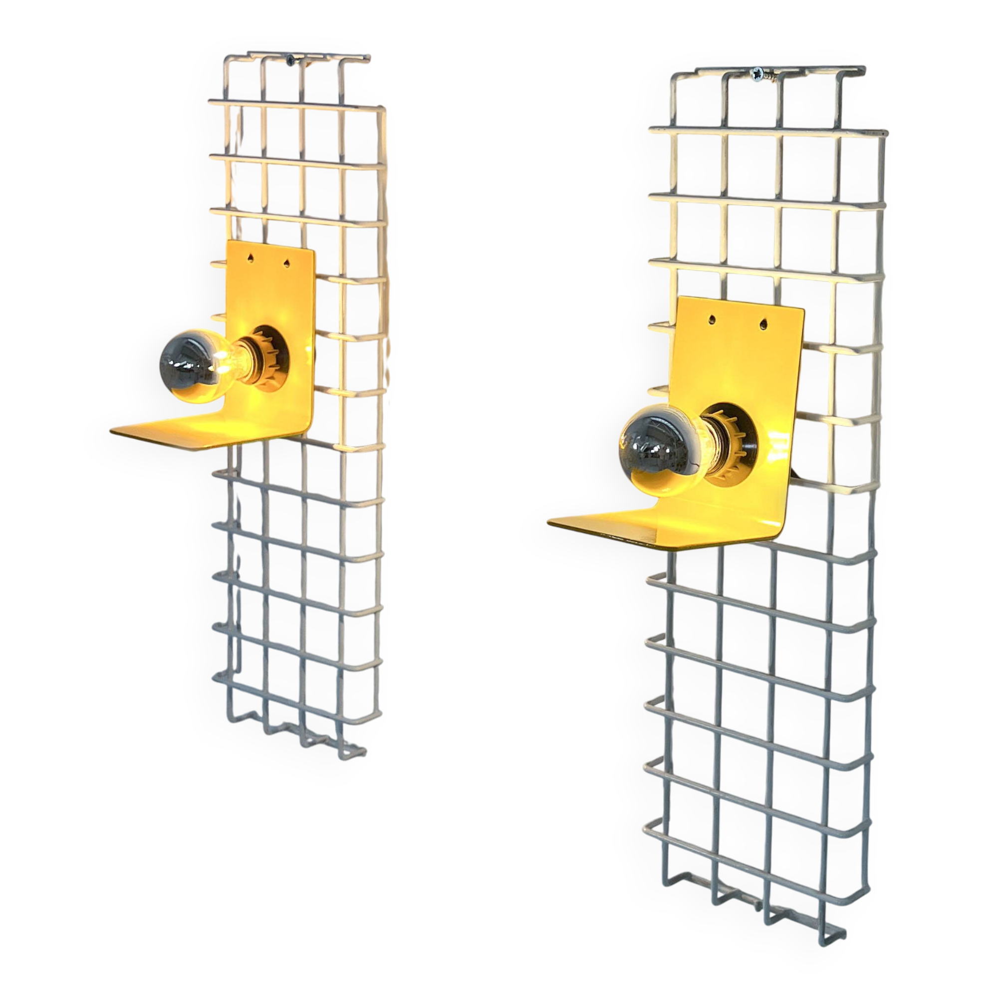Pair of yellow wall sconces on wire mesh by Seccose, 1980