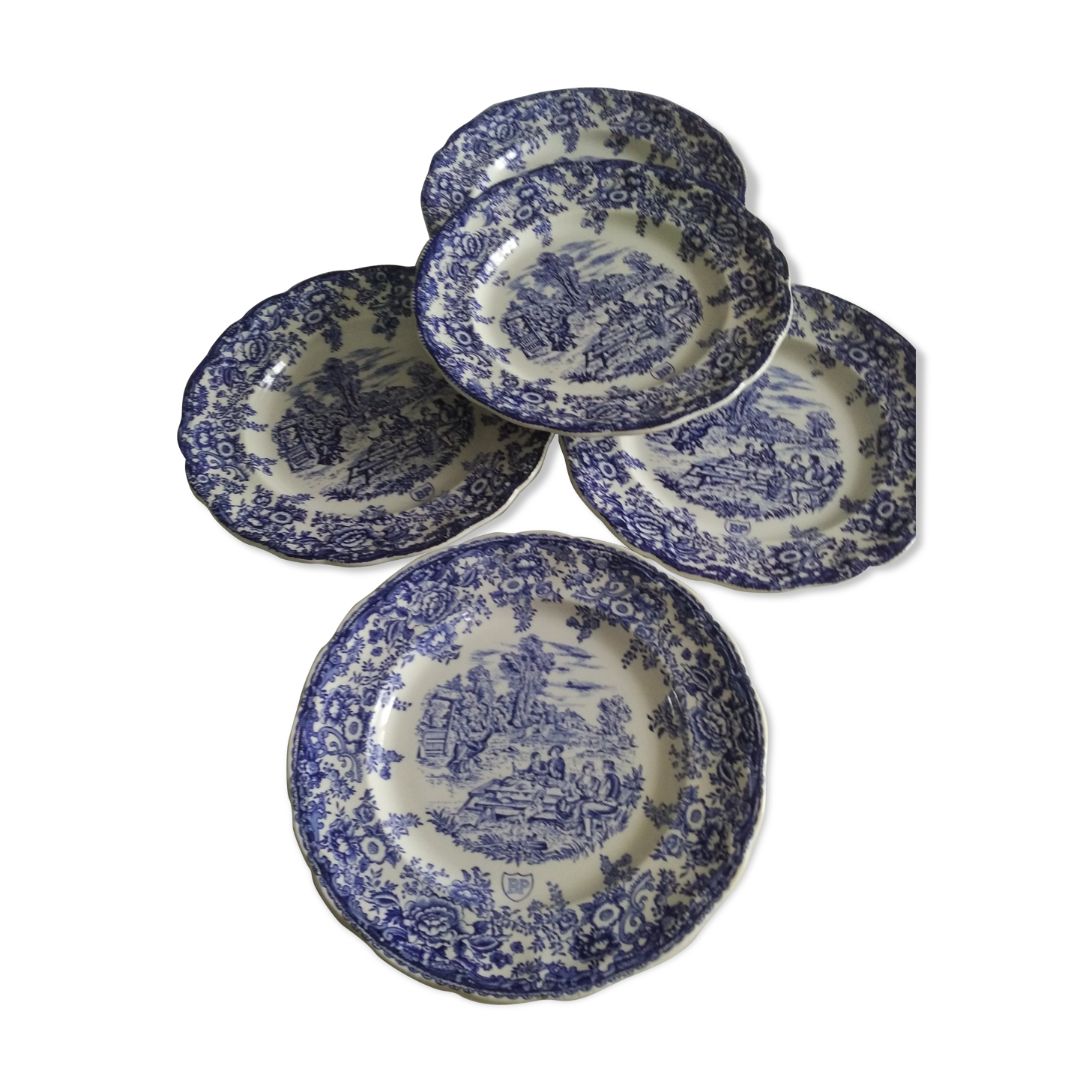 Lot de 5assiettes creuses BP en faïence de Sarreguemines