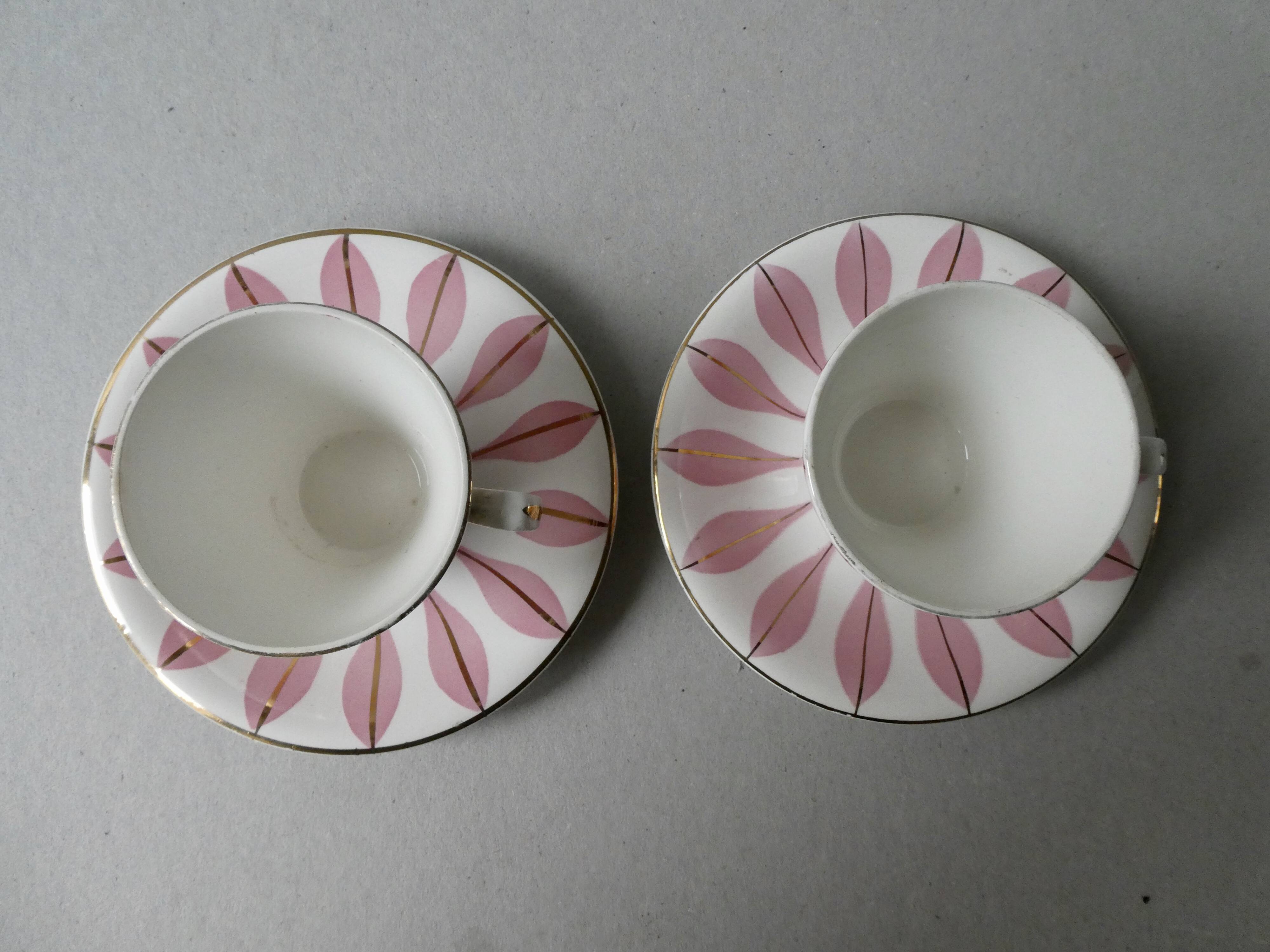 2 coffee set, Digoin, pink leaf décor, 60s