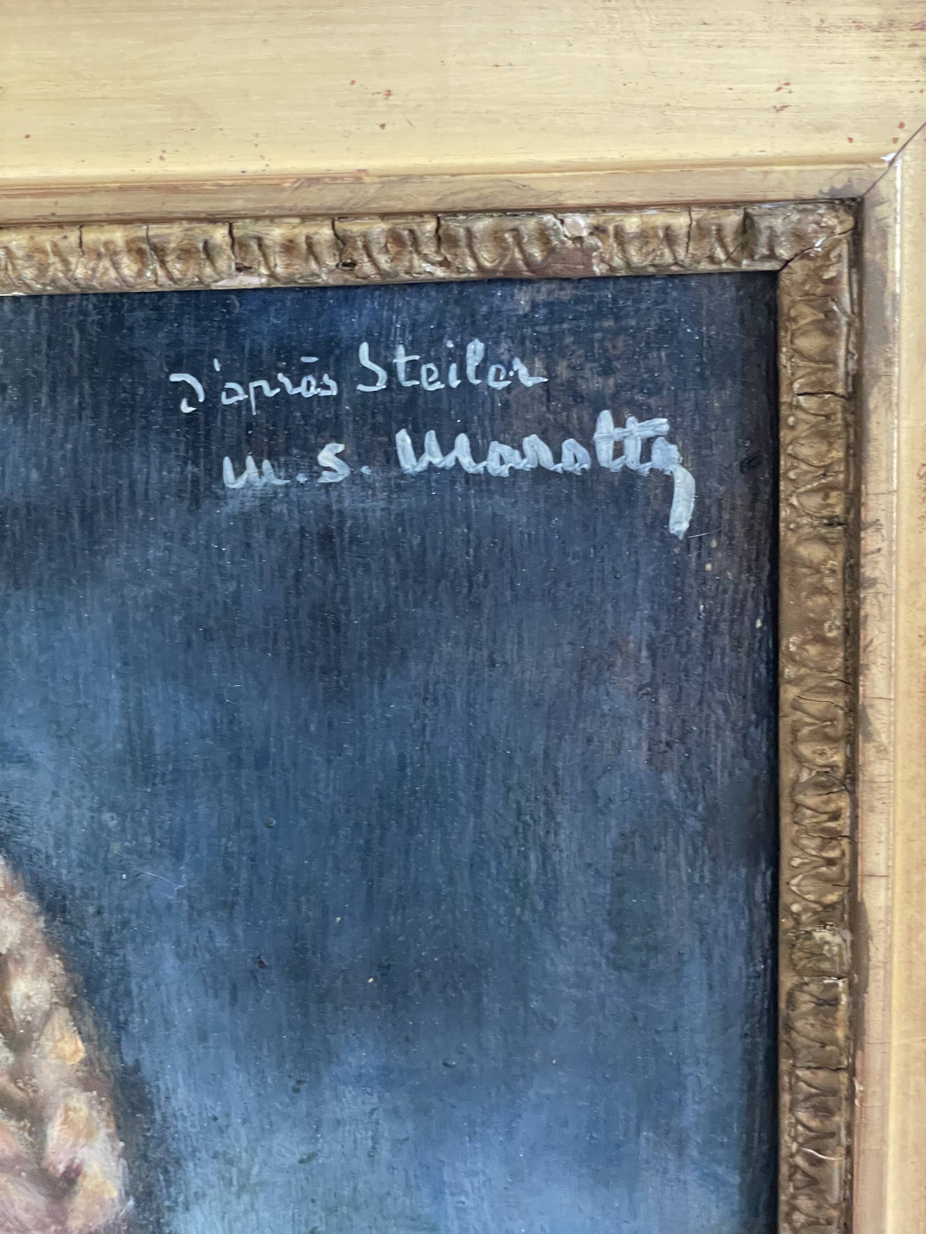 Portrait of young woman painting on wood