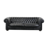 Black chesterfield 3-seater sofa made of cowhide leather in English style